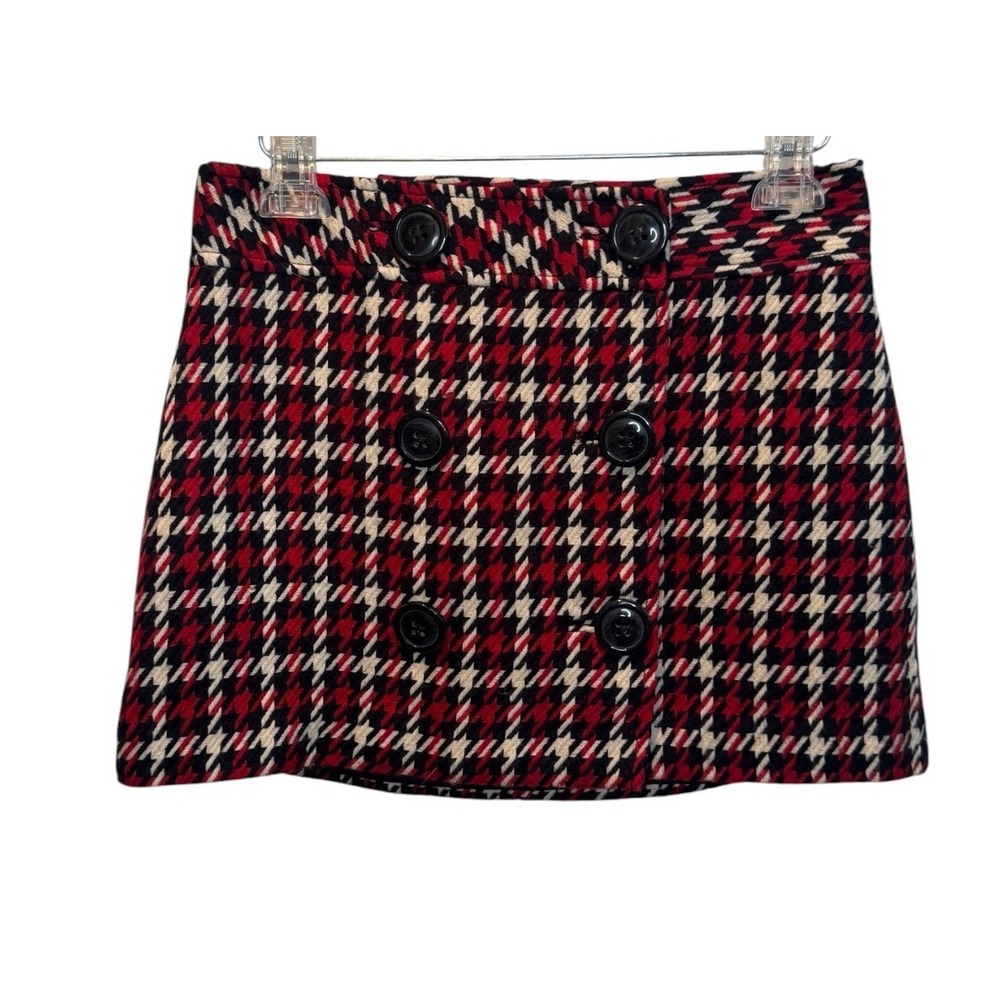 Womens Red Black Houndstooth Micro Mini Skirt Double Breasted Wool Blend Y2K  6